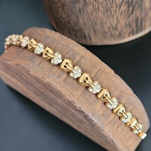 Vintage Designer Look Alike Bracelet Gold Tone Heart Link Pave Rhinestone 7.5"